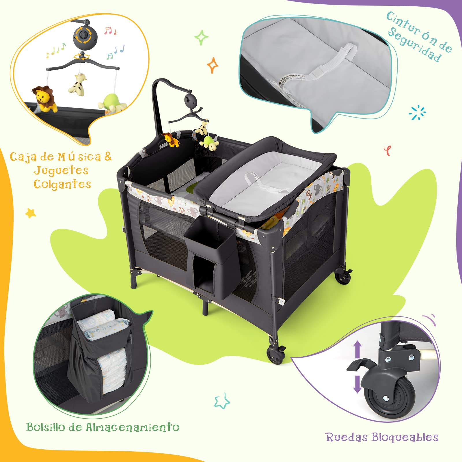 COSTWAY 4 en 1 Cuna de Viaje Plegable para Bebé con Colchón Cambiador, Parque Infantil Cuna Bebe con 3 Juguetes, Caja de Música y Bolsa de Transporte, Cuna Bebe con Colecho (Gris Oscuro)