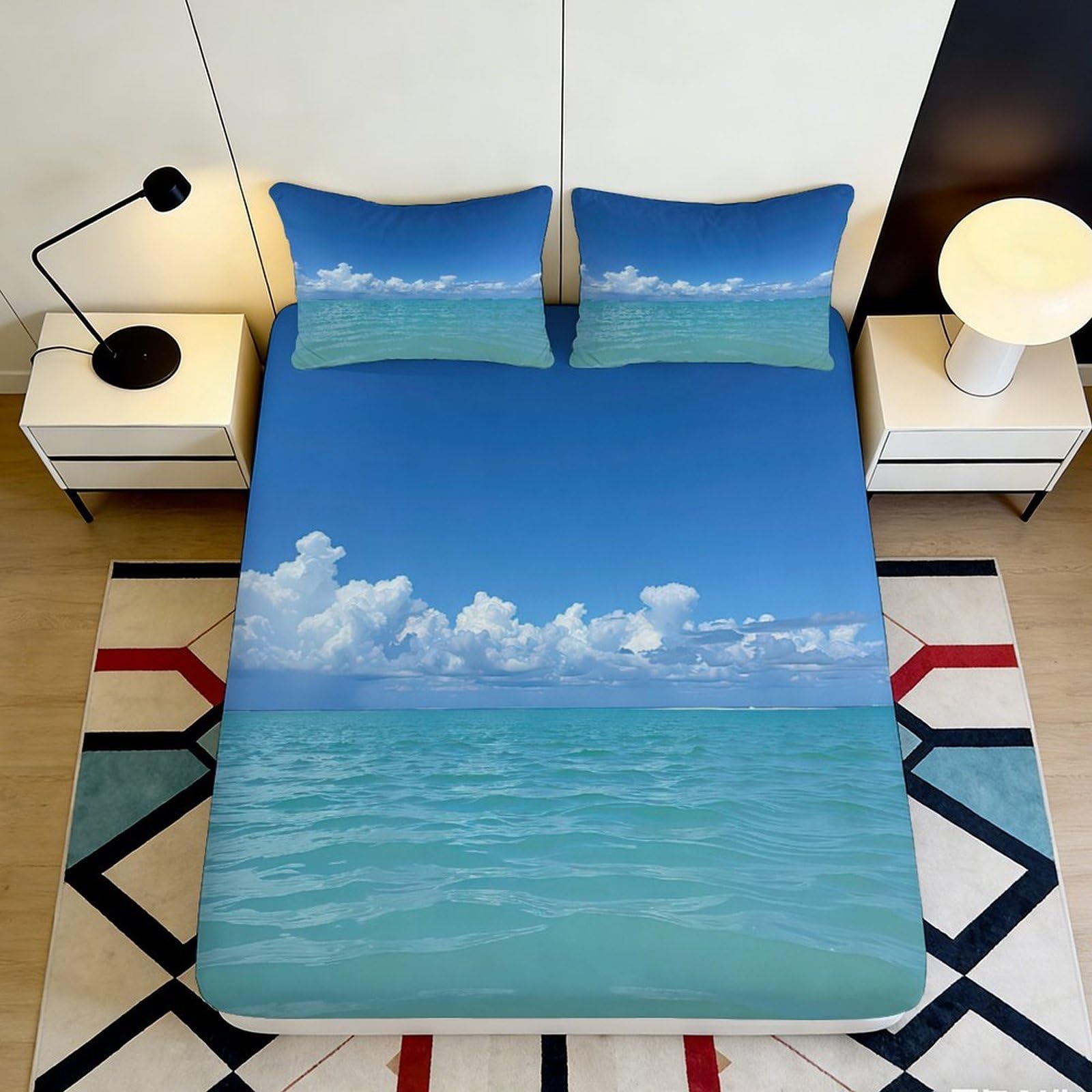 Pnayamiorkfel Style-2 3D Printed Blue Ocean Sky Fitted Sheet Microfiber Soft Anti-Slip Cloud Mattress Cover Bedroom Decor Washable 90X200x25cm