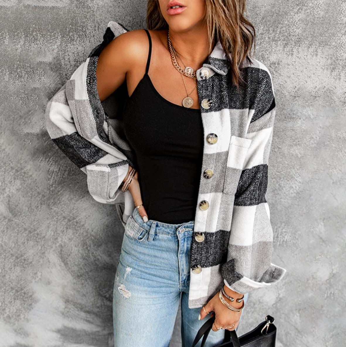 Damen Kariertes Knöpfen Langarm Oversize Bluse Mantel Hemdjacke Holzfällerjacke Mode Boyfreind Hemdbluse Mit Brusttaschen