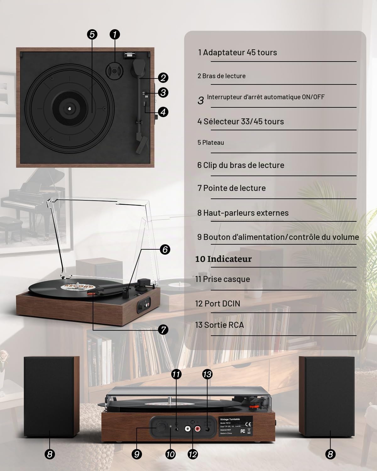 Retrolife Platine Vinyle avec 2 Haut-Parleurs Stéréo Externes 2 Vitesses