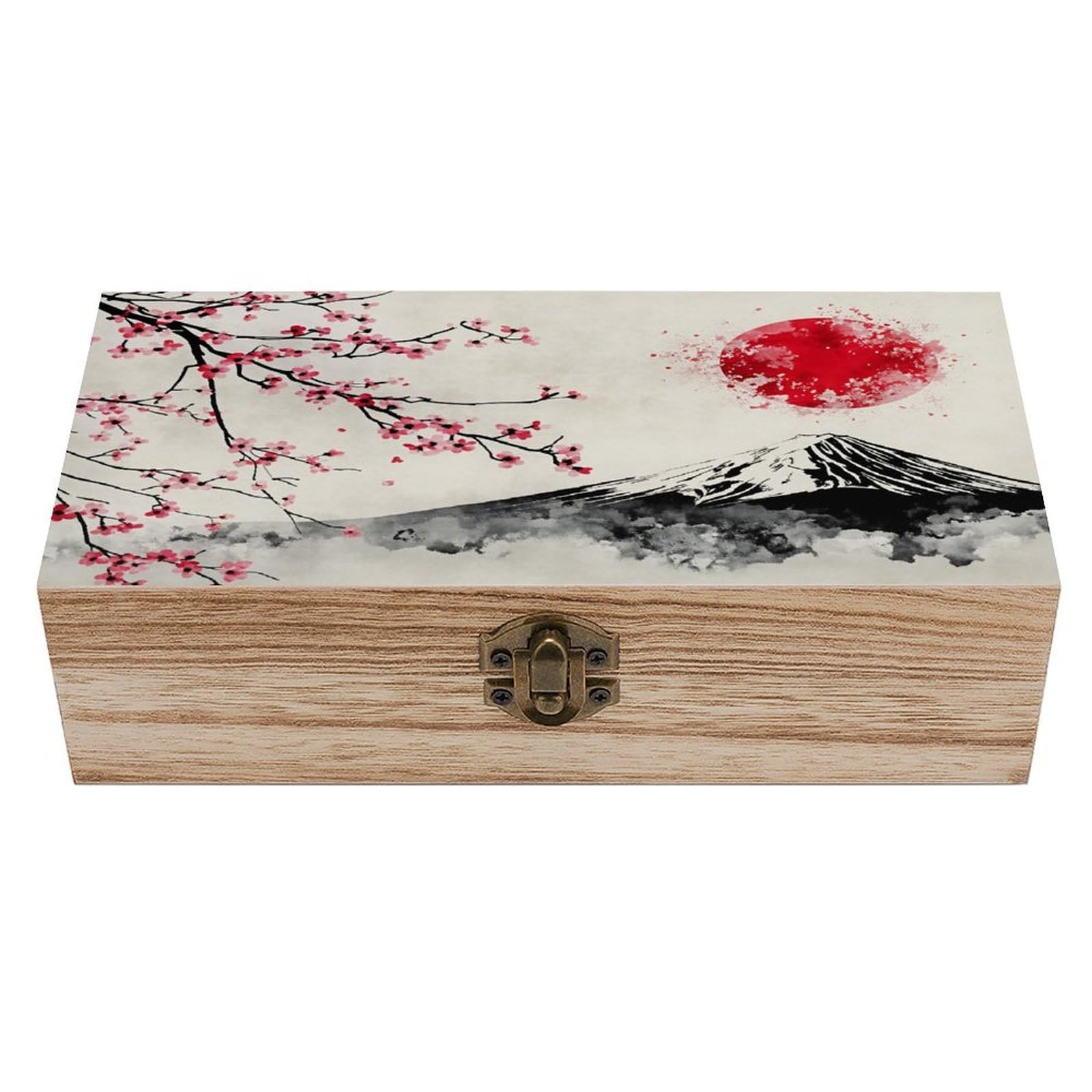 HLBSDM Cherry Blossom Red Sun Vintage Wooden Keepsake Box with Hinged Lid And Locking Clasp, Decorative Storage Box for Jewelry, Trinkets And Small Accessories, Organizer for Home Or Wedding