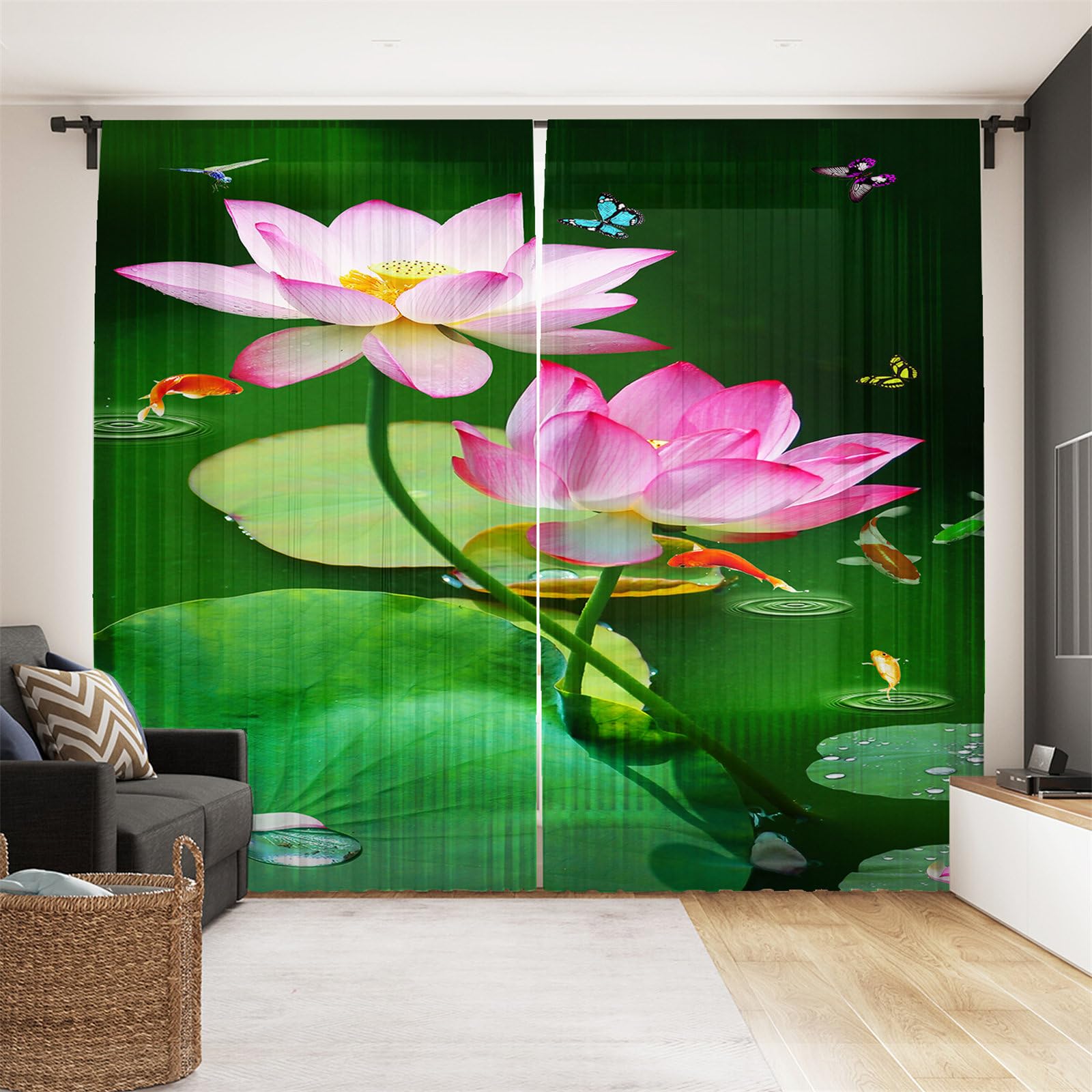 Surwin Net Curtains for Windows, Voile Curtain, 2 Panels Chinese Style with Eyelets, Semi Transparent Lightweight Voile Panel for Living Room Bedroom Balcony Decorative (Lotus 2,W140xH160cm)