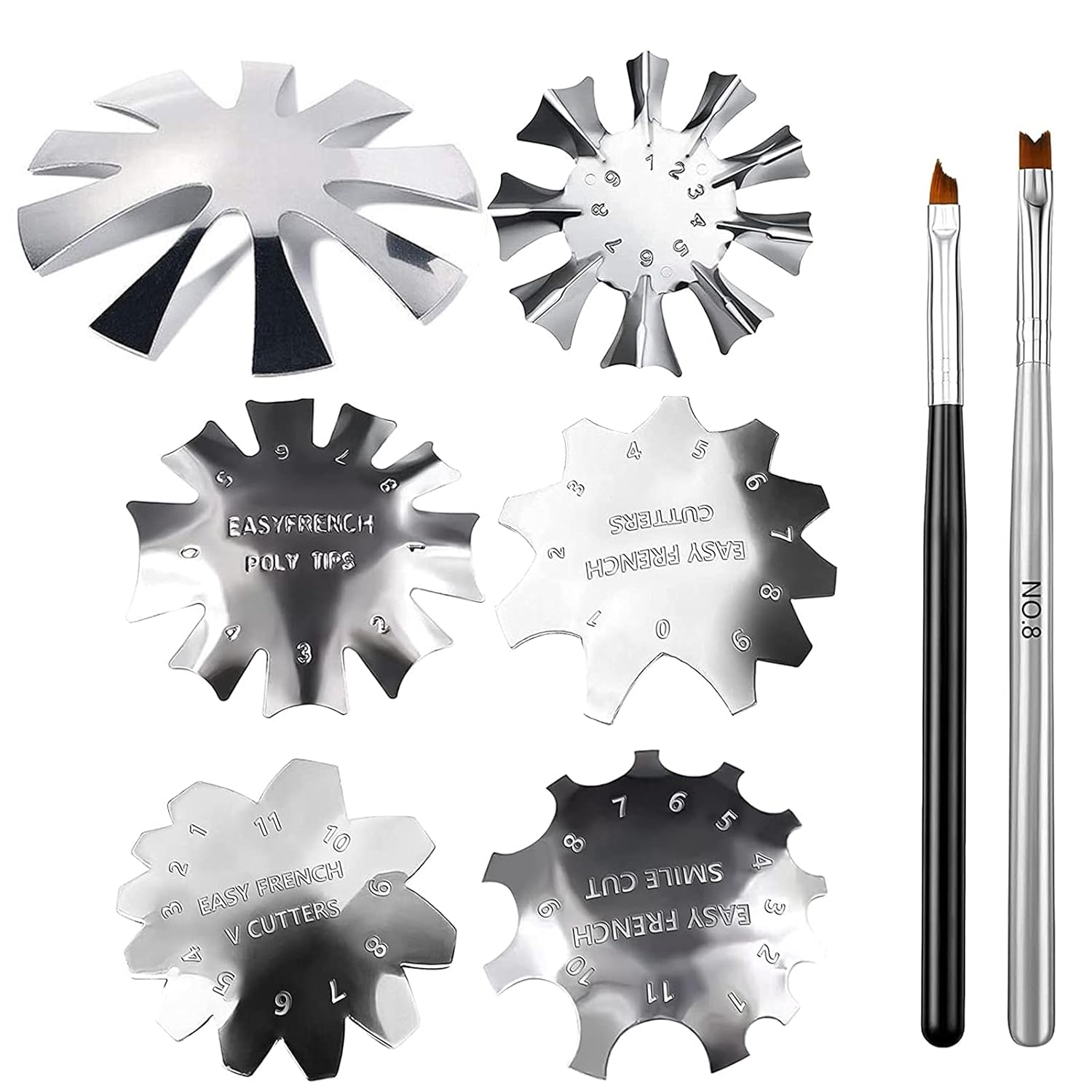 DKAF 6 Pieces French Smile Line Cutter Tools with 2 Pcs Nail French Tip Brushes, Almond Shape V Line Tips Manicure Edge Trimmer, Multi-size Nail Manicure Edge Trimmer French Smile Line Cutter : Beauty