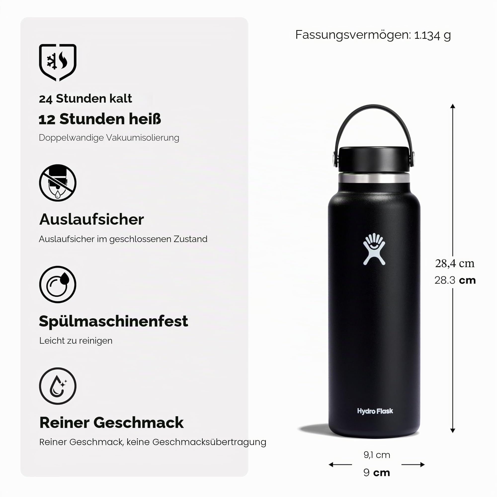 HYDRO FLASK - Trinkflasche 1180ml (40oz) - Isolierte Wasserflasche aus Edelstahl - Sportflasche mit auslaufsicherem Flex Cap-Deckel & Gurt - Thermoflasche Spülmaschinenfest - Größe Öffnung - Indigo
