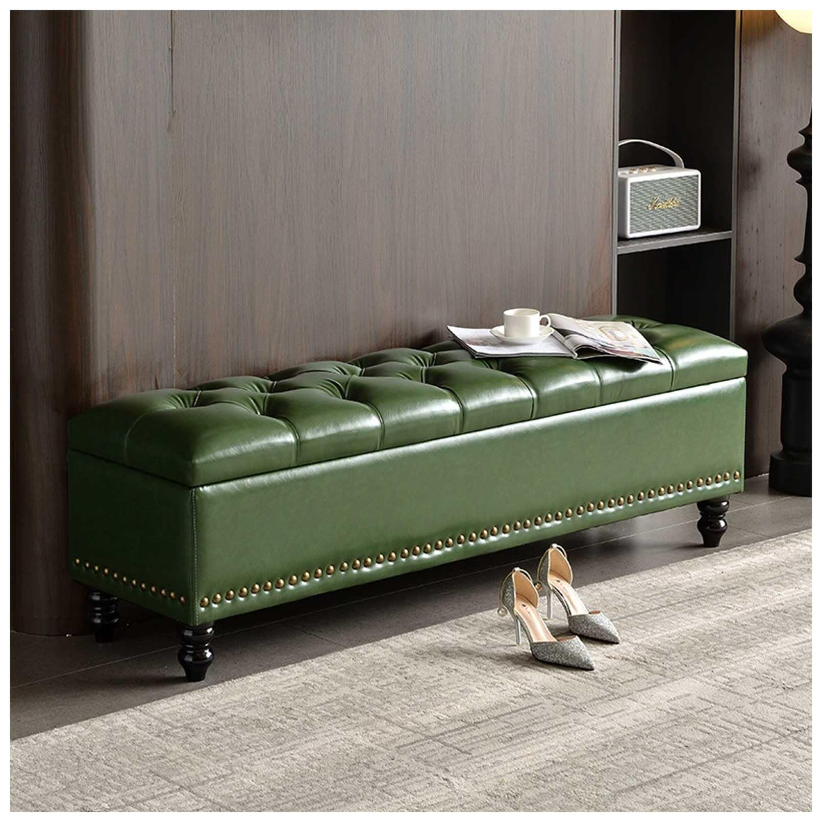 MSHGSKU Wooden Frame Storage Bench 330kg Capacity Green Ottoman Footrest End of Bed Pouf Shoe Rack Stylish Bedroom Furniture 47"x15.7"x16.9"