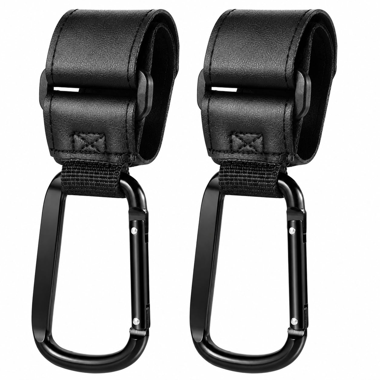 2 Pack Stroller Hooks for Bags, Adjustable PU Leather Pram Hooks with Quick-Release Metal Carabiner, Universal Baby Stroller Accessories for Pushchair, Buggy, Bike & Scooter, Black-image-10