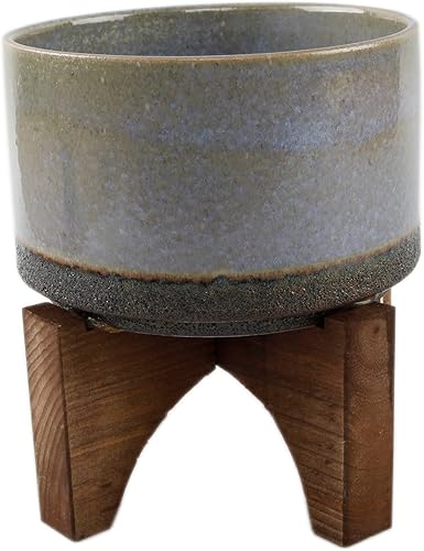 Flora Bunda Mid Century - Soporte de cerámica de lava sobre madera, 7 pulgadas, color azul