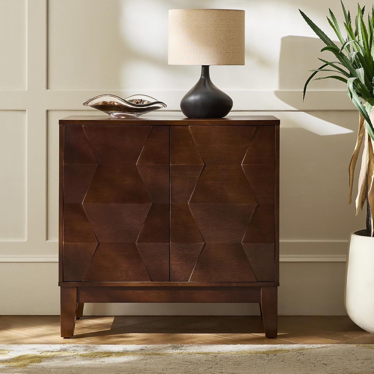 HULALA HOME Mid Century Modern Buffet Cabinet with Solid Wood Legs, Adjustable Shelf Accent Cabinet, Walnut Storage Unit for Kitchen, Living Room, Dining, Hallway, 3D Geometric