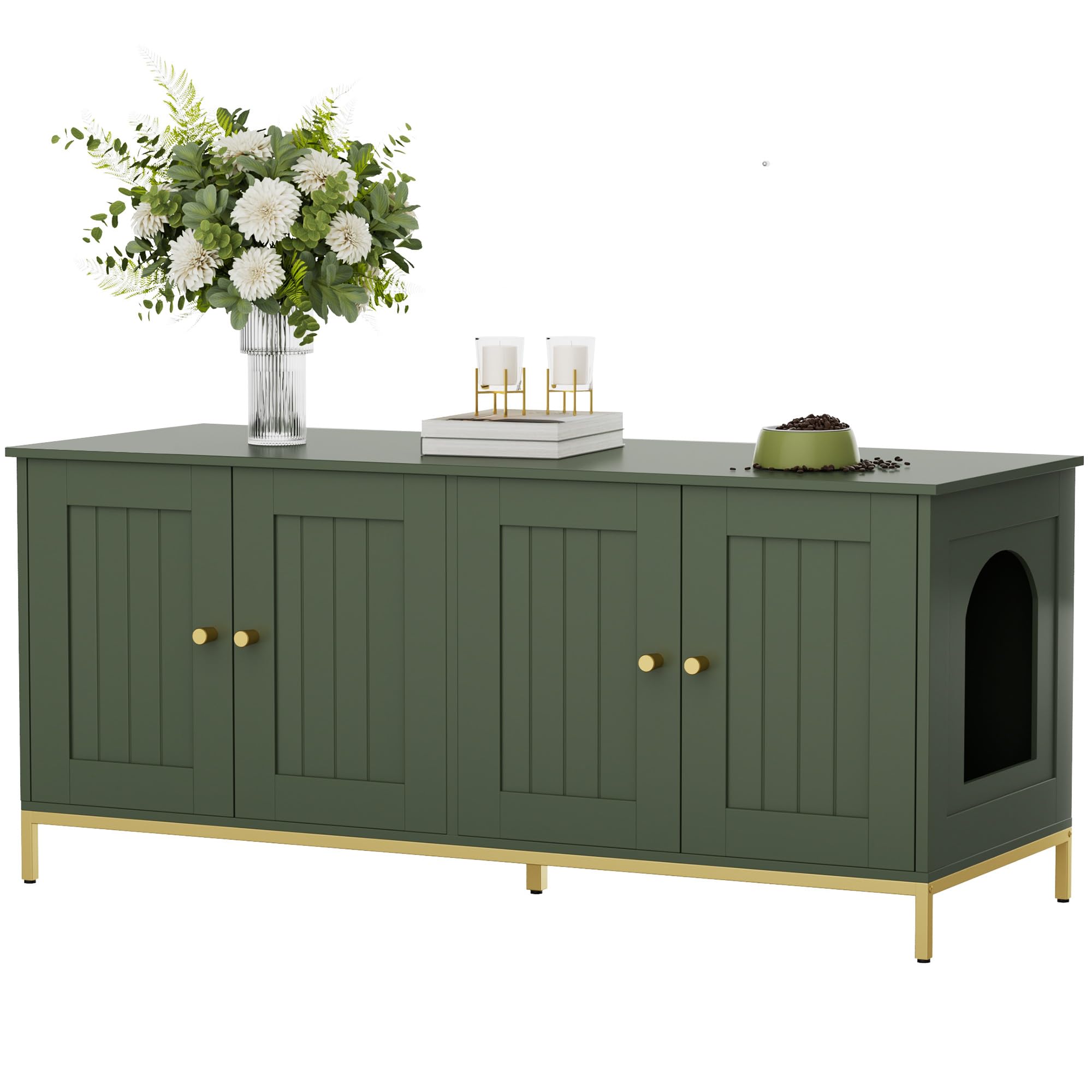 Homhedy Cat Litter Box Enclosure for 2 Cats, Litter Box Furniture Hidden with Double Room, Cat House, 47.2”L x 17.7”W x 21.7”H, Green and Gold