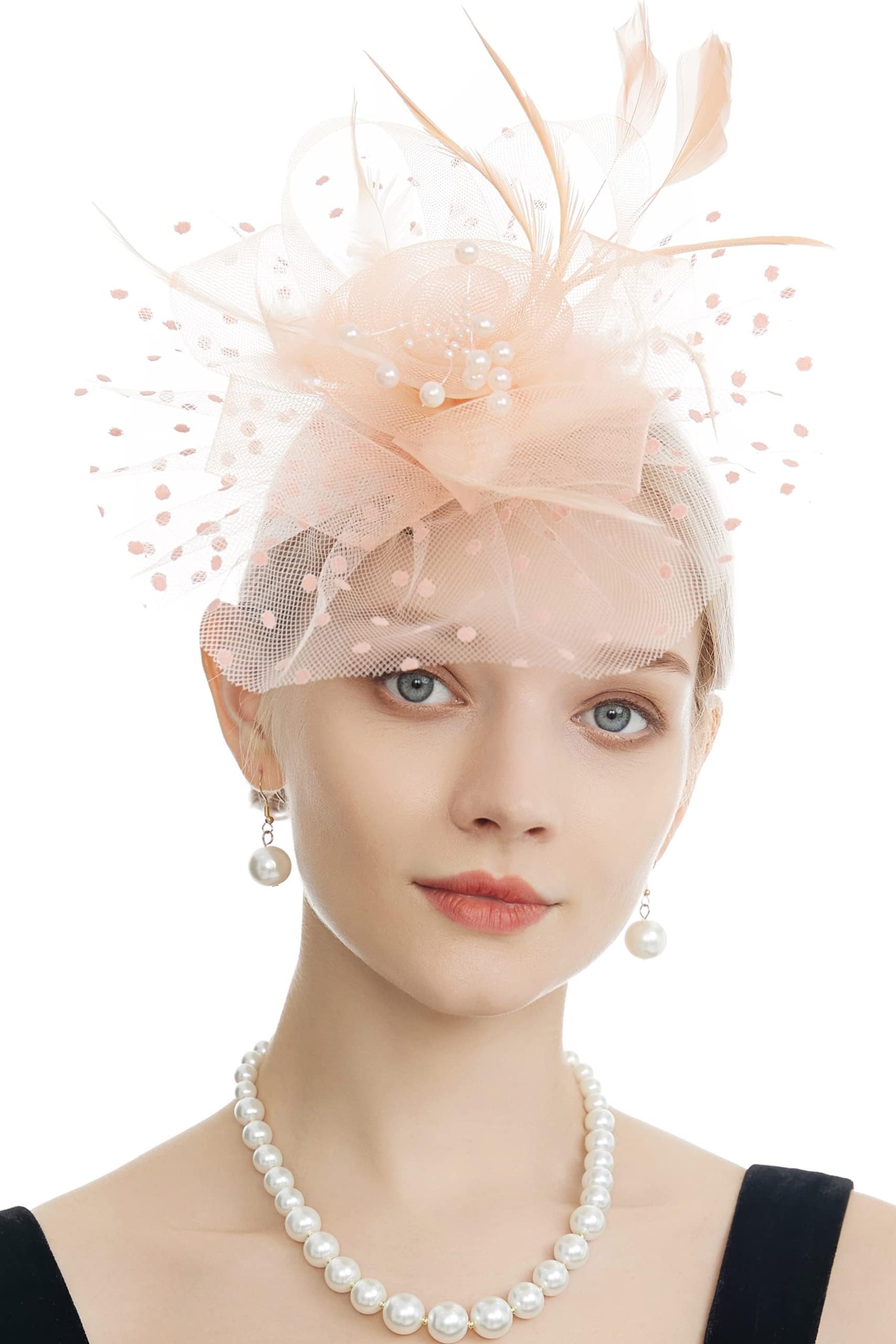 Myjoyday Women's Fascinators, Feathers Tea Party Hat, Veil Headband with Hair Clip for Cocktail Church