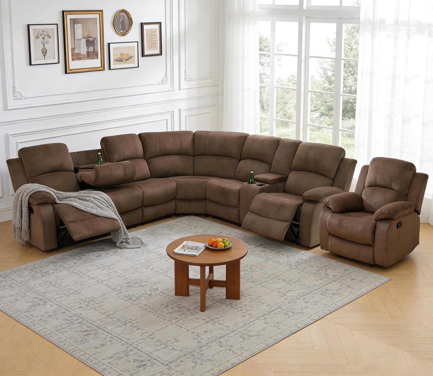 Fabric Recliner Sectional Sofa Set for Living Room Furniture Set, 7-Seat L-Shaped Corner Couch with Storage Console/Cup Holders,Corduroy Sofa Set with 3 Reclining Seats(Gray)