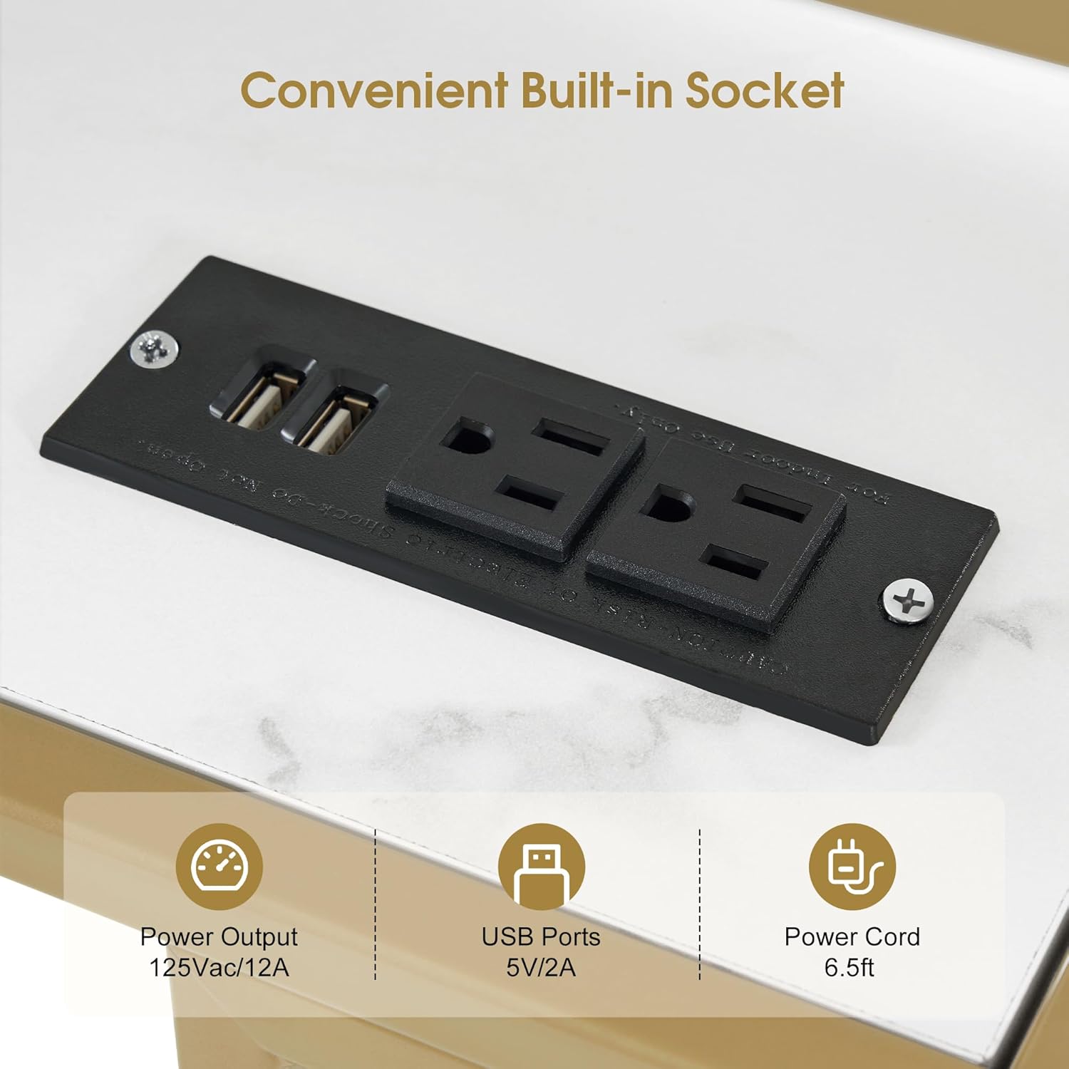 BarberPub Manicure Table with Build-in Power Strip, 2 Sockets, 2 USB Ports, Nail Tech Desk with Metal Frame, Beauty Spa Equipment 2430 (White)