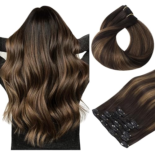 HOTBANANA Human Hair Clip in Hair Extensions, Balayage Dark Brown Mixed Chestnut Brown 120g Clip in Hair Extensions Real Human Hair Straight Remy Hair Clip Ins Dark Roots Ombre 14 Inch 7pcs