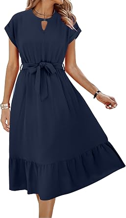 ECOWISH Womens Casual Midi Dresses Solid V Neck Short Sleeve Button Shirt Belted Dress with Pockets for Spring Summer 2026