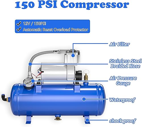 Vista 12 de Compresor de aire 150PSI 12V con tanque de 1.59 galones, bomba de 6L para bocina de camión de tren, compresor a bordo, azul
