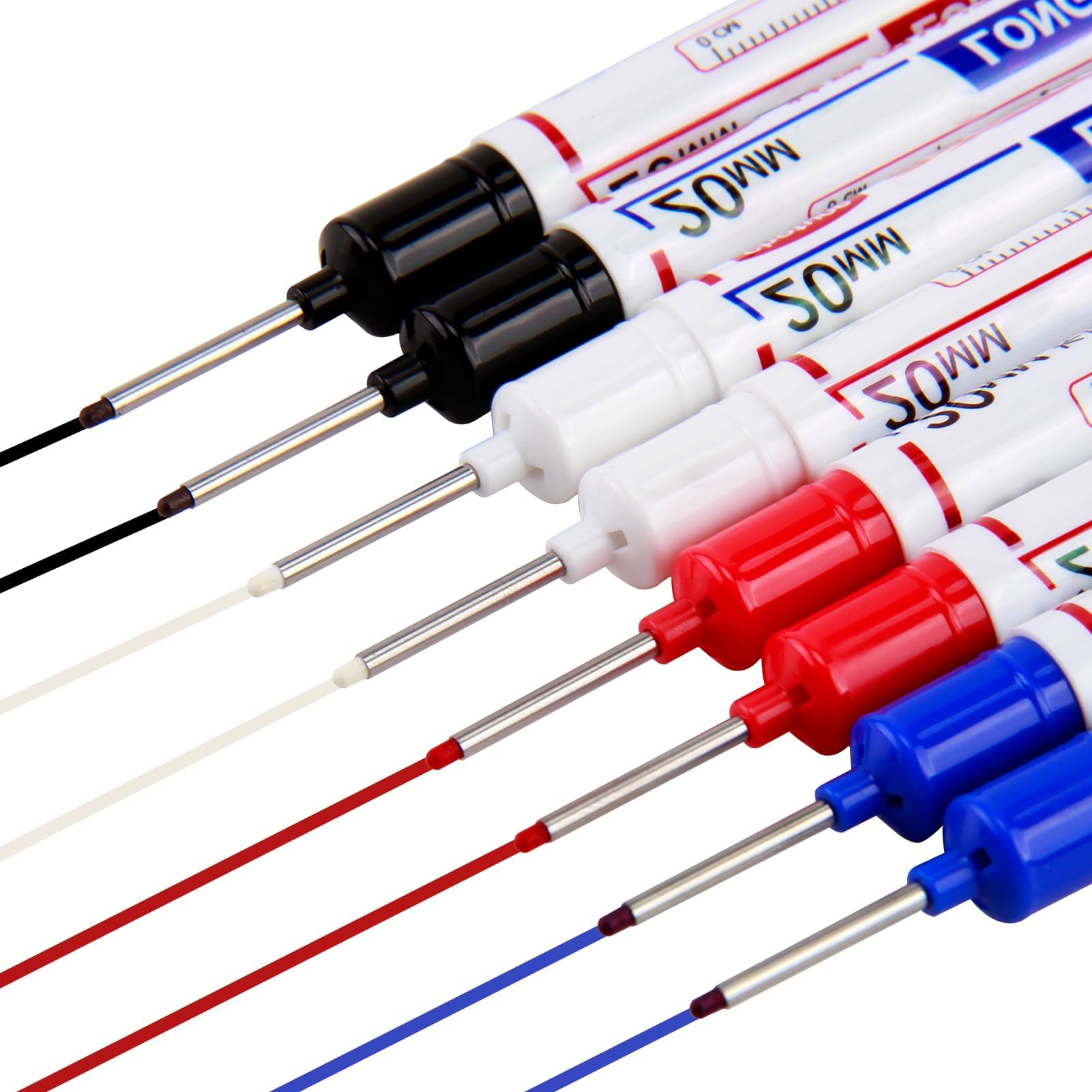 8 SetLápiz Marcador para Carpintero, Marcadores Impermeables, Rotuladores de Agujero Profundo con Punta de 20 mm para Madera, Metal, Plástico y Cartón, Negro, Azul, Rojo y Blanco