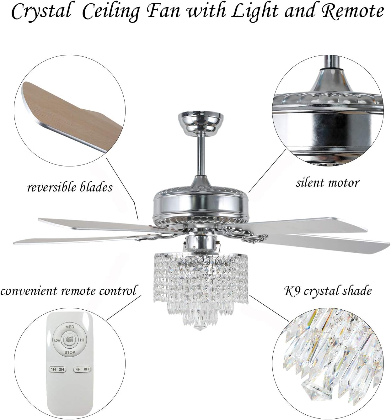 Up To 60% OFF 52 Crystal Ceiling Fan Fandelier with Lights and Remote Control Modern Chandelier Ceiling Fan with Reversible Blades, Silent Motor, 3 Speed, 4 Timing Options, Chrome Free Shipping 🛒 52 Crystal Ceiling Fan Fandelier with Lights and Remote Control Modern Chandelier Ceiling Fan with Reversible Blades, Silent Motor, 3 Speed, 4 Timing Options, Chrome