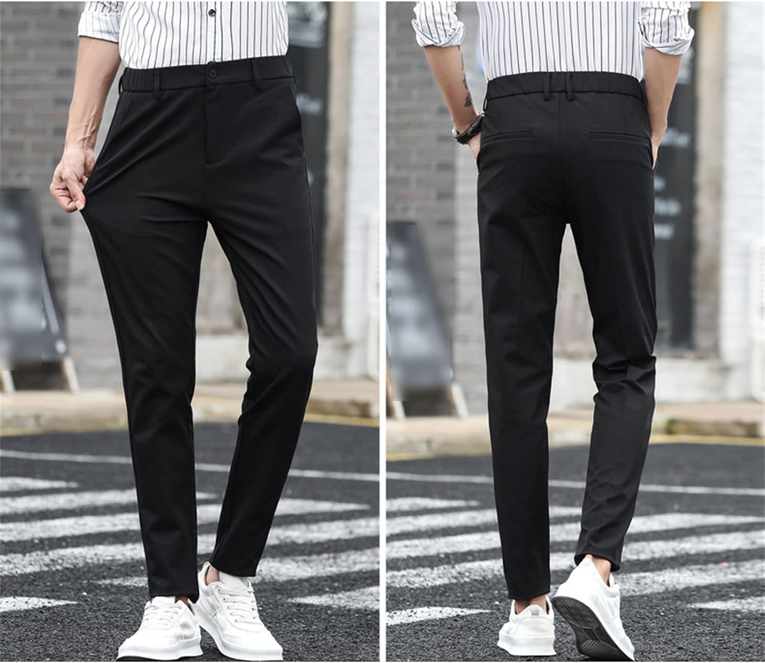Men's Casual Iron Free Ice Silk Trousers Straight Slim Fit Flat Front Stretch Dress Pant Classic No Iron Pants