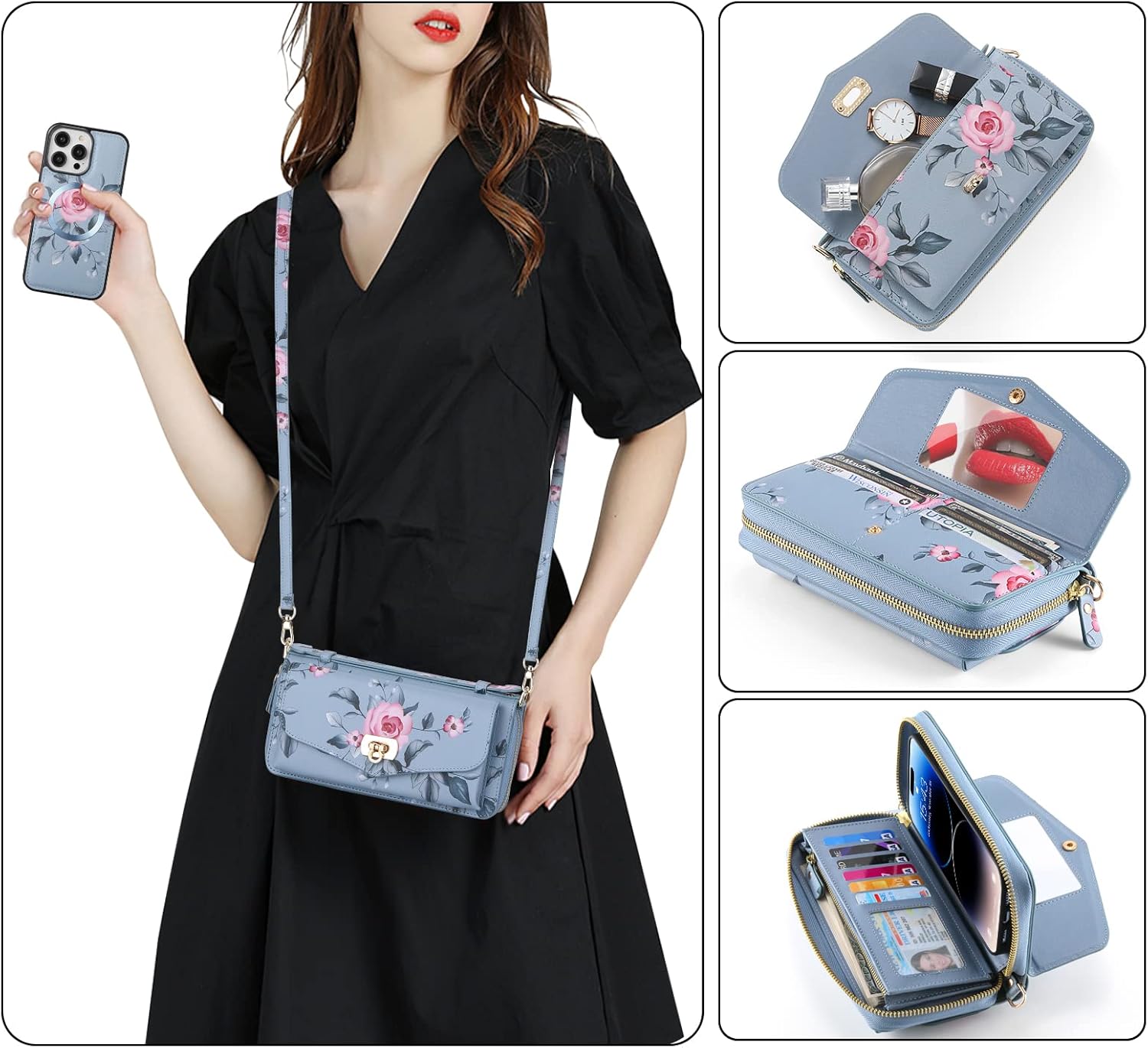 Compatible for iPhone 14 Plus Wallet Case for Women with Detachable Magnetic Phone Case Support Wireless Charging,RFID Blocking Card Holder,Crossbody Strap Wristlet.B2 - Image 2