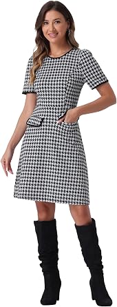 Allegra K Plaid A-Line Dress for Womens Crewneck Contrast Trim Elegant Houndstooth Dress