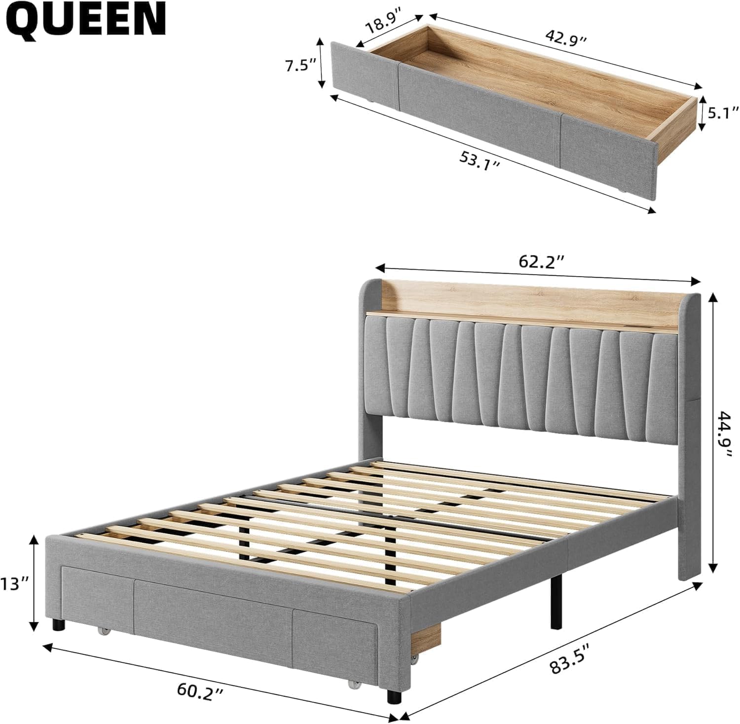 Queen Size Upholstered Platform Bed Frame with Storage Drawer and Headboard, Built-in Charging Station, Solid Wooden Slats Mattress Foundation-Light Grey