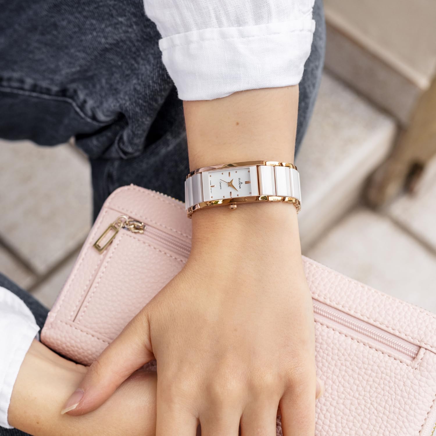 Dugena Damen Quarz-Armbanduhr, Keramik, Gehärtetes Mineralglas, Quadra Ceramica