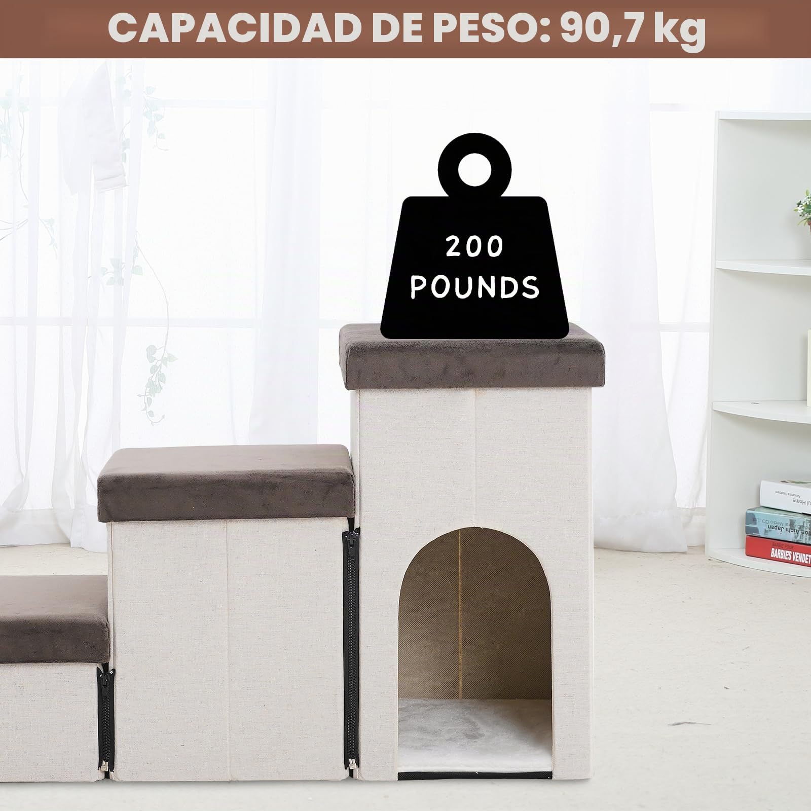 Escalera Plegable para Mascotas, Altura 44 cm, Antideslizante con Almacenamiento, Ideal para Perros Pequeños y Gatos Mayores, Uso para Cama