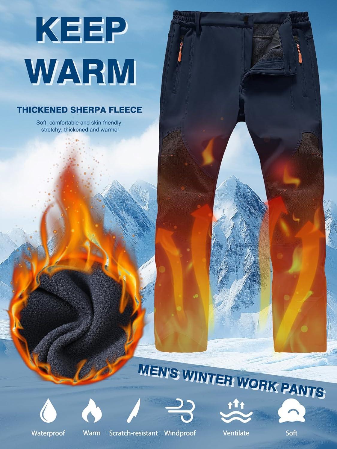 SPOSULEI Mens Ski Waterproof Insulated Pants Fleece Lined Softshell Snow Hiking Snowboard Outdoor Pants with Zipper Pockets