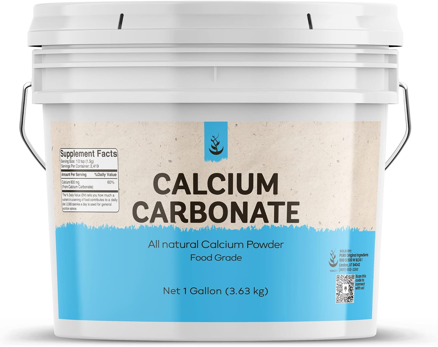 Pure Original Ingredients Calcium Carbonate Powder (1 Gallon) Dietary Supplement, Food Preservative, Reusable Plastic Bucket
