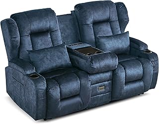 2er Relaxsessel mit Liegefunktion, Zweisitzer Fernsehsessel 2 Sitzer TV Sessel mit Konsole, Manuell Verstellbar Doppel Kinosessel bis 360 kg (Blau)