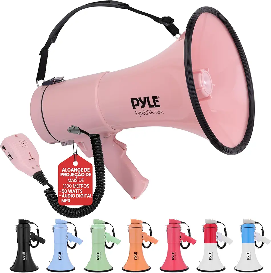 Megafone Pyle Alta Potência 50W Profissional, Sirene e Entrada Auxiliar, Microfone de Mão e Alça de Ombro, Alcance Longo 1200m