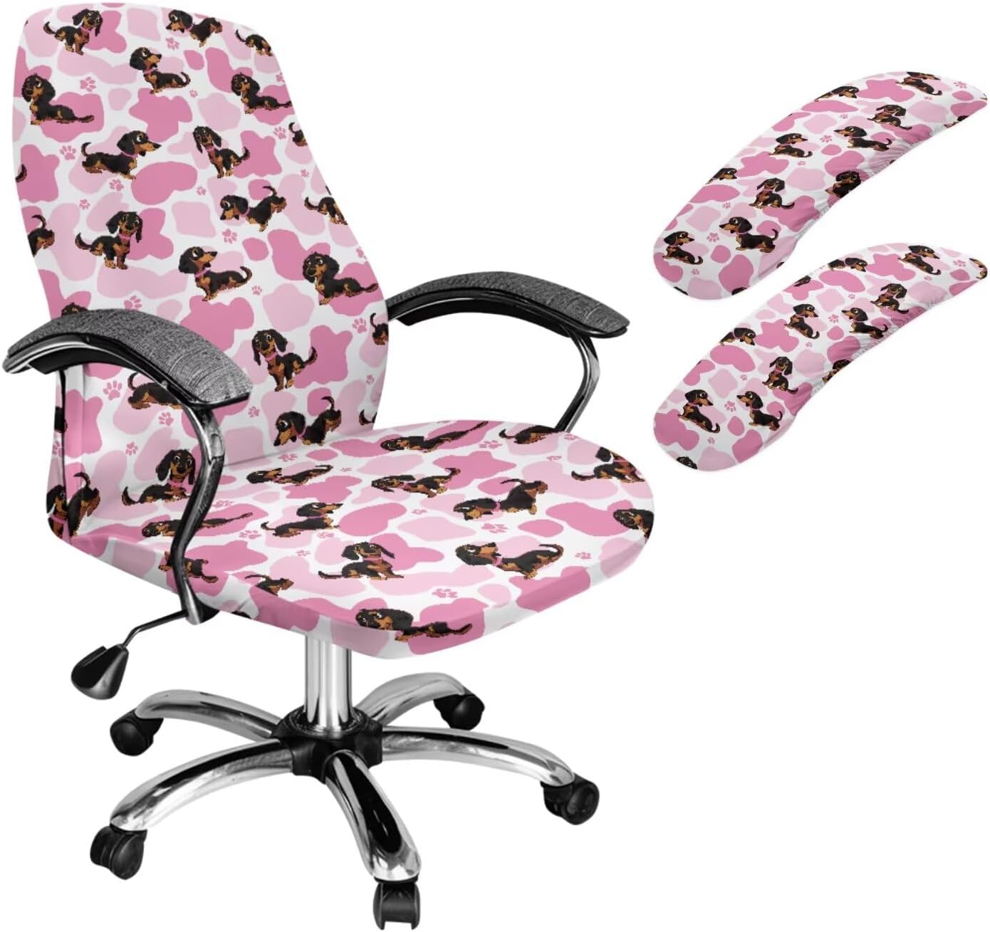 Office Chair Cover 3 Piece Set Swivel Gaming Chair Slipcover with Armrst Covers Pink Love Dachshund Dog Print High Back Computer Chair Protector Home Office Decor, Small