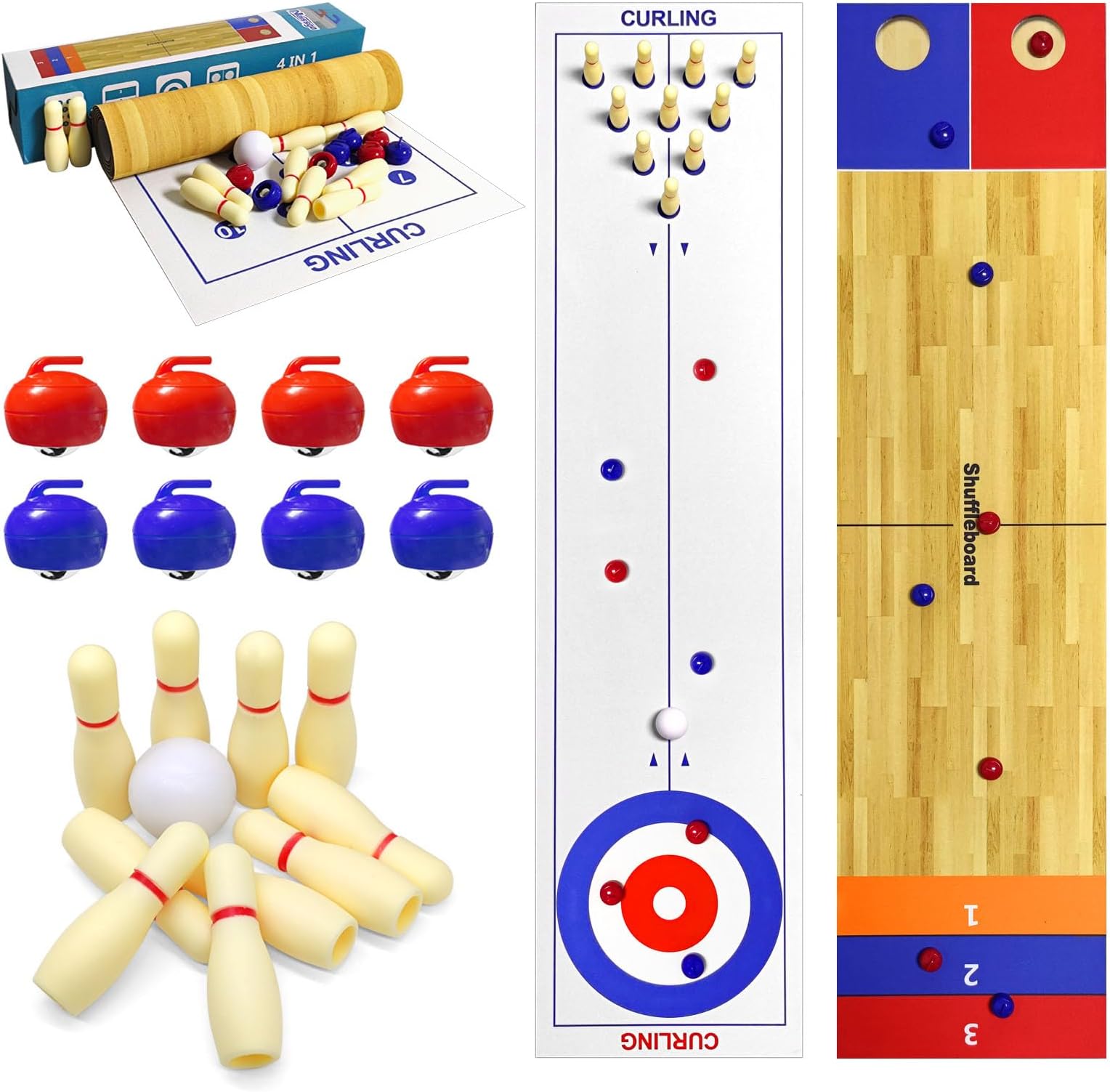 4 in 1 Tabletop Board Game Set, Shuffleboard Bowling Curling Game, Tabletop Shuffleboard Bowling Curling Games, Interactive Tabletop Board Games Ideal for School, Home, Office, Party