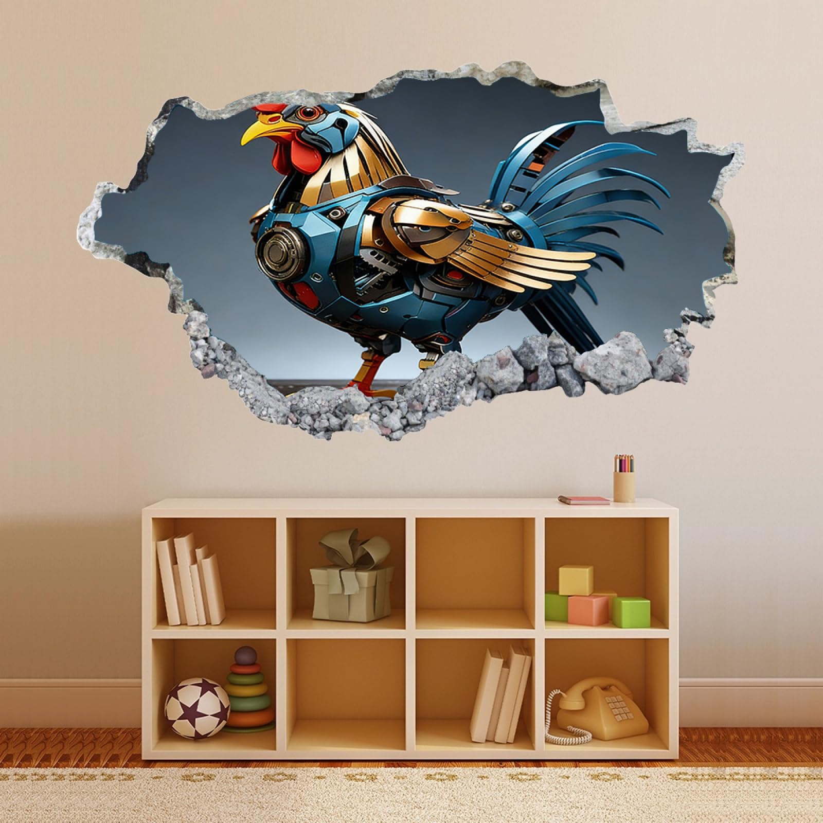Vinilos Decorativos 3D Rotos Pollo Mecanico Tatuaje de pared vinilo extraíble decoración del hogar Calcomanías impermeables para Guardería Habitación Decoración de pared 70x122cm