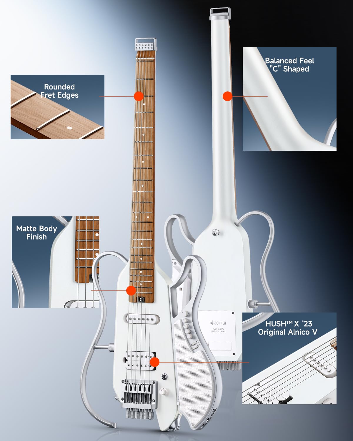 DONNER HUSH X LIVE Guitarra Eléctrica con Altavoz Desmontable, Blanco