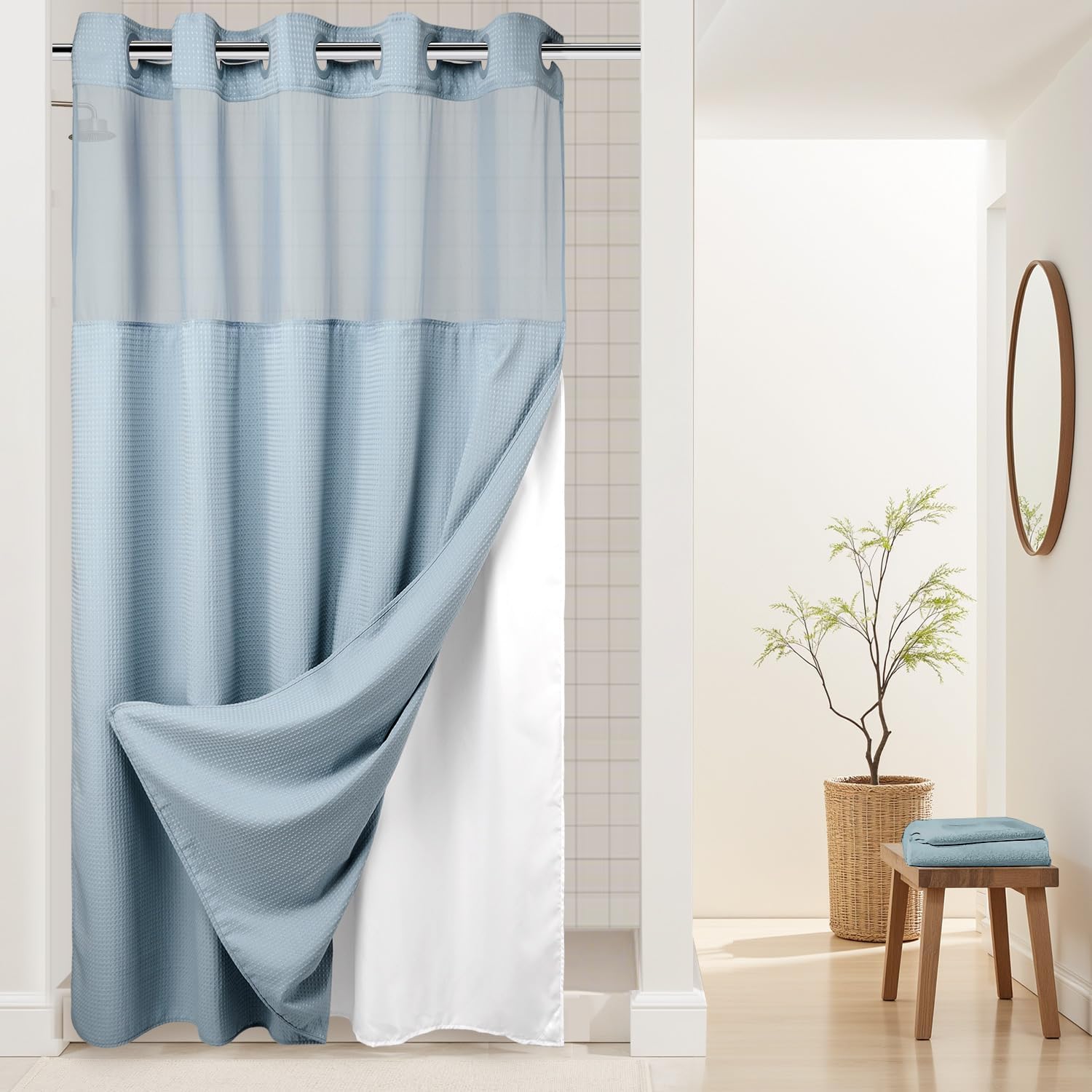 River Dream Heavyweight No Hooks Required Dotted Waffle Weave Shower Curtain with Snap in Liner -Stall 54W x 80H,Hotel Grade,Spa Like Bath Curtain,Blue