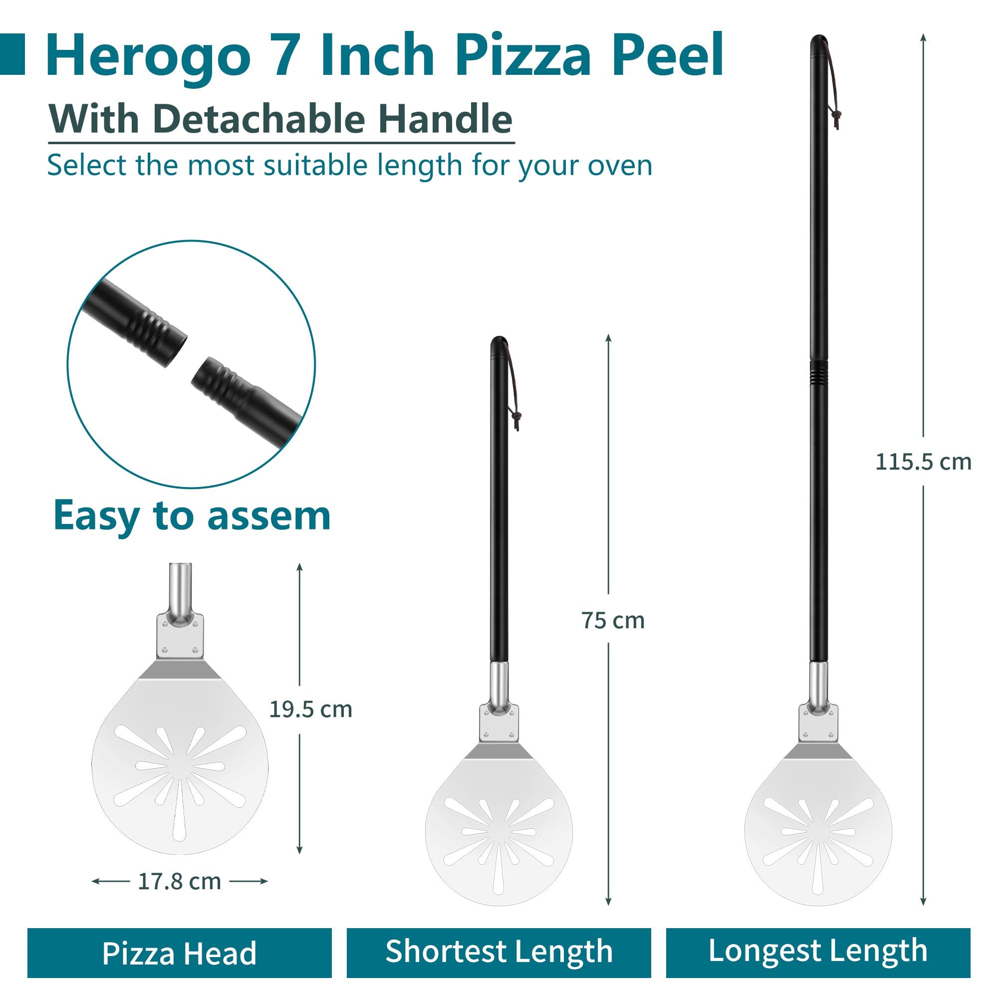 Herogo Pala rotante per pizza, spatola perforata in acciaio inox da 17,8 cm, accessori in metallo con manico staccabile, superficie liscia e adatta al forno