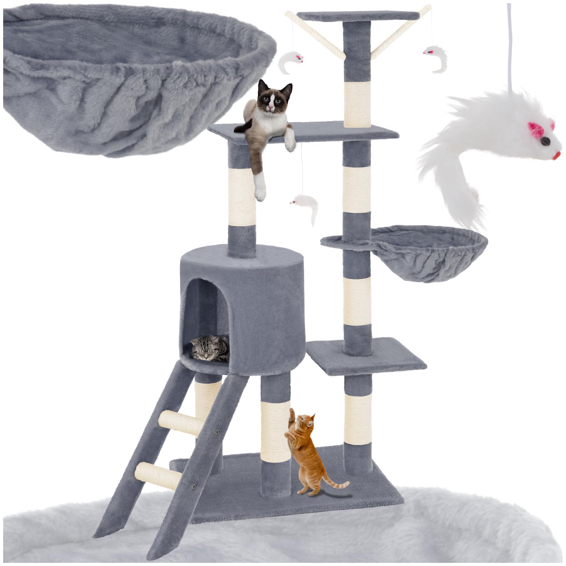 tectake® Arbol Rascador para Gatos, Rascador 144cm, Caseta, Varias Alturas, 3 Ratones de Juguete, Nido, Protección Antivuelco, Estructura Robusta, Rascador Gato - Gris