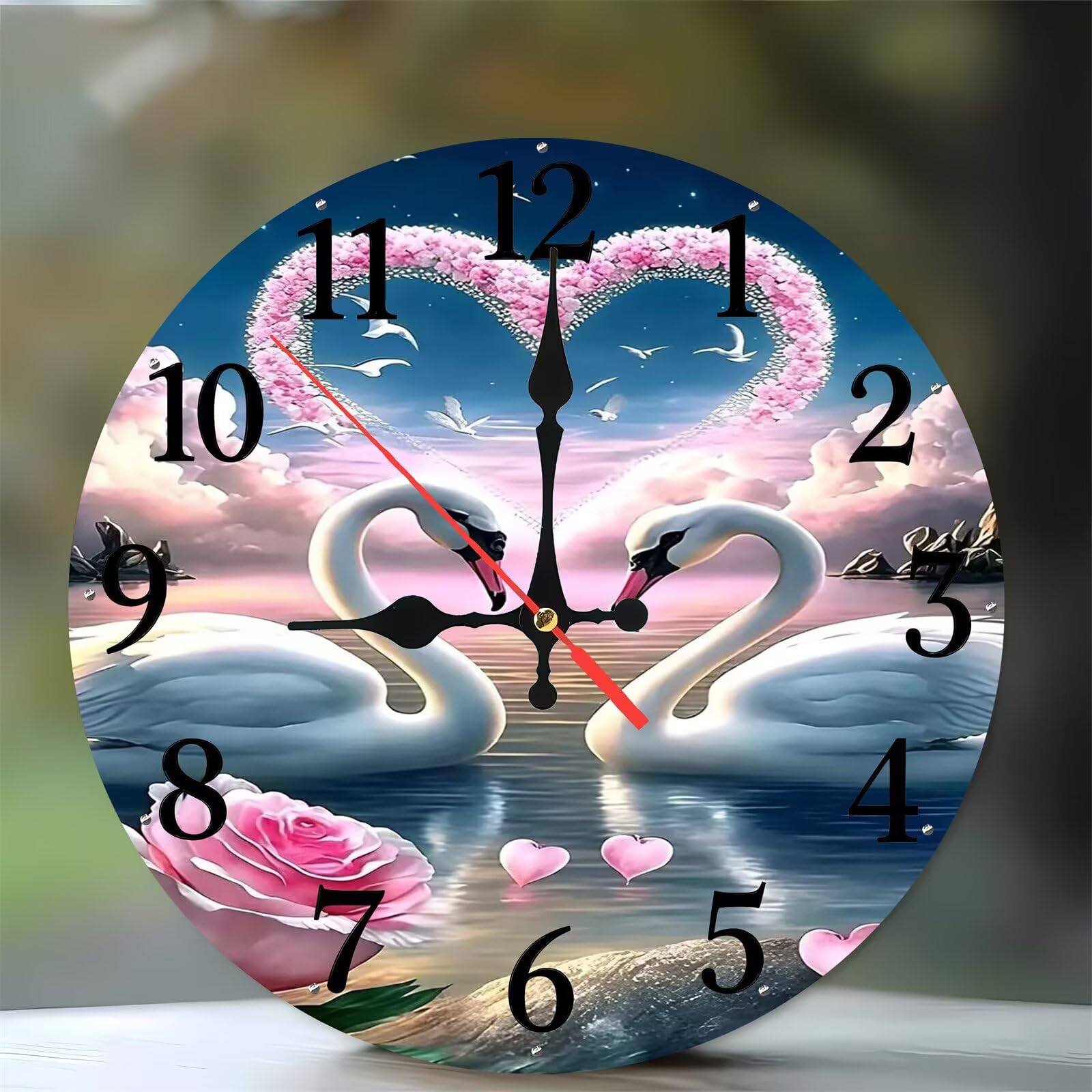 Horloge de salon en bois au motif romantique de cygnes sur le lac