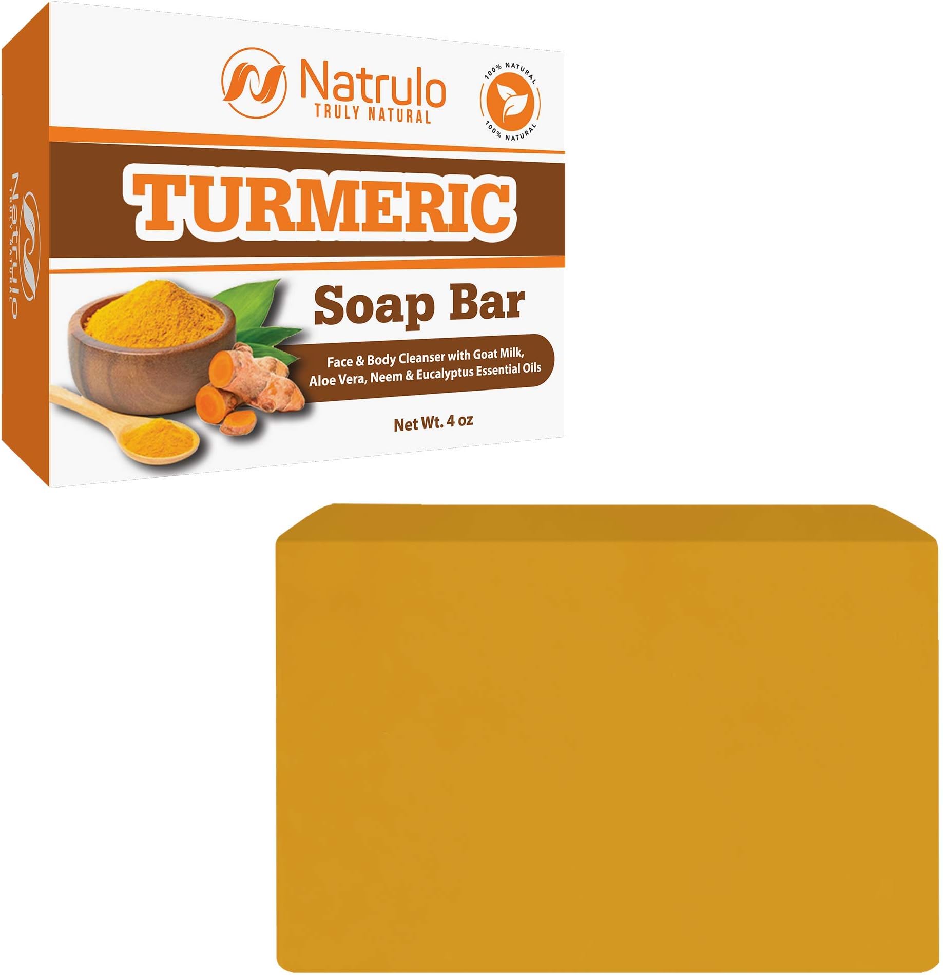 Natrulo Turmeric Soap Bar for Face & Body - All Natural Turmeric Skin Soap - Turmeric Face Soap Reduces Acne, Fades Scars & Cleanses Skin - 4 Oz Turmeric Bar Soap for All Skin Types Made in USA