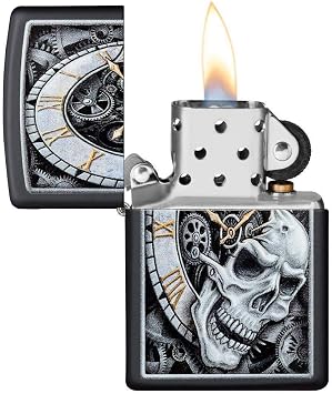 Zippo Skull Clock Design Black Matte Pocket Lighter, One Size (29854)