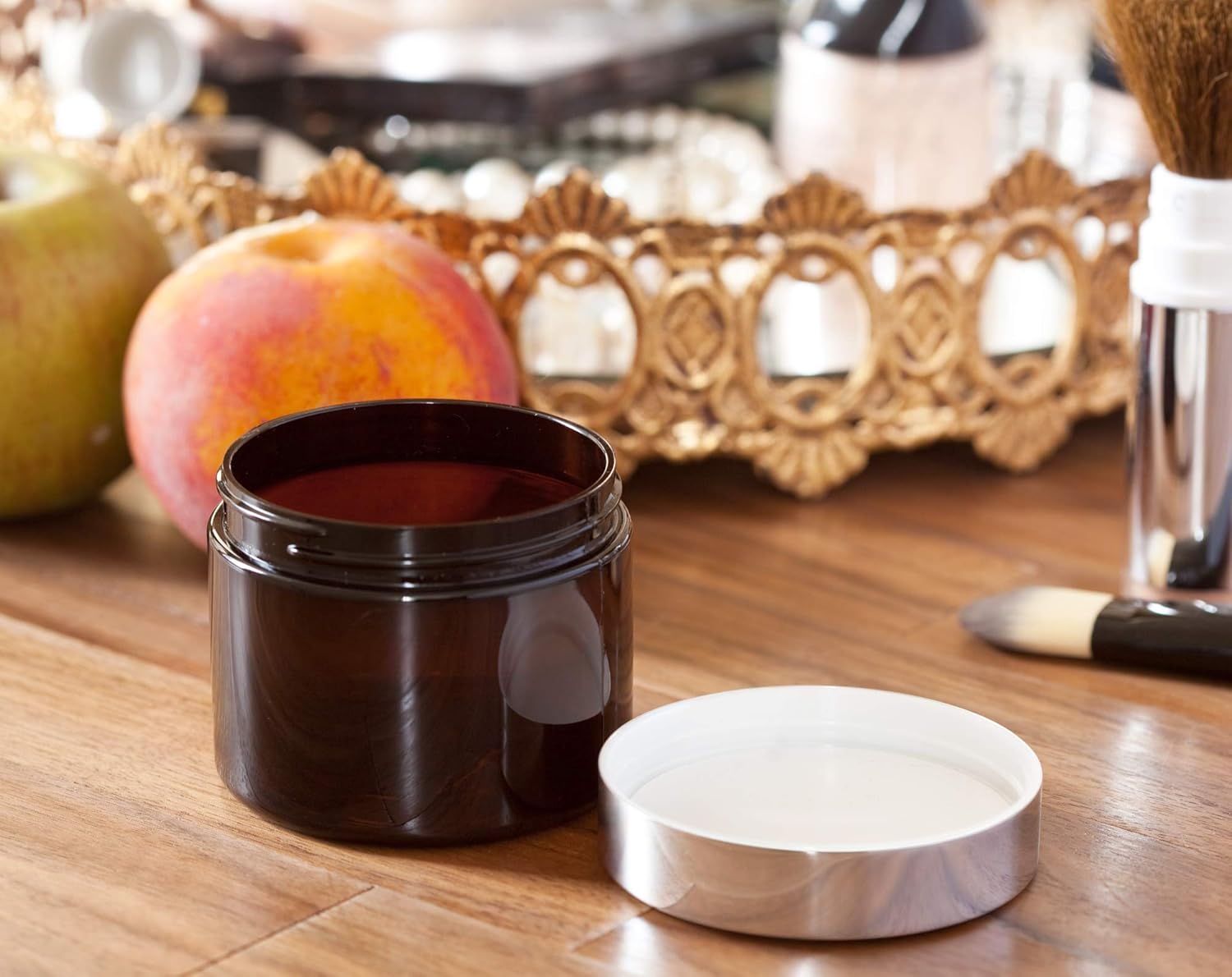 (12 pack) 6 oz Amber PET Plastic Jar Low Profile with Silver Metal Overshell Lid