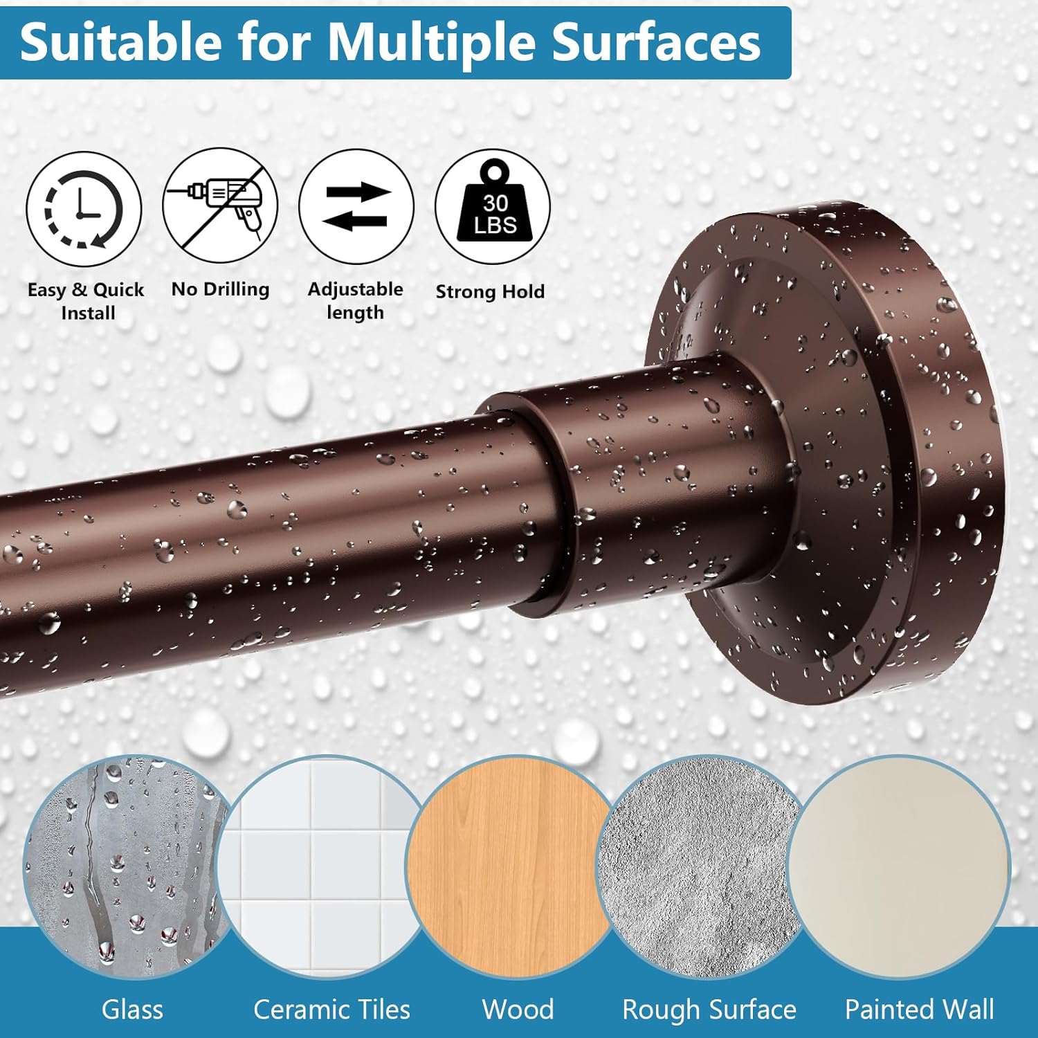 Bonpally Shower Curtain Rod, Adjustable 32-89 Inches Spring Tension Rod, Non-Slip No Drilling Stainless Steel Shower Rods for Bathroom Window Room Divider, Never Rust, Bronze