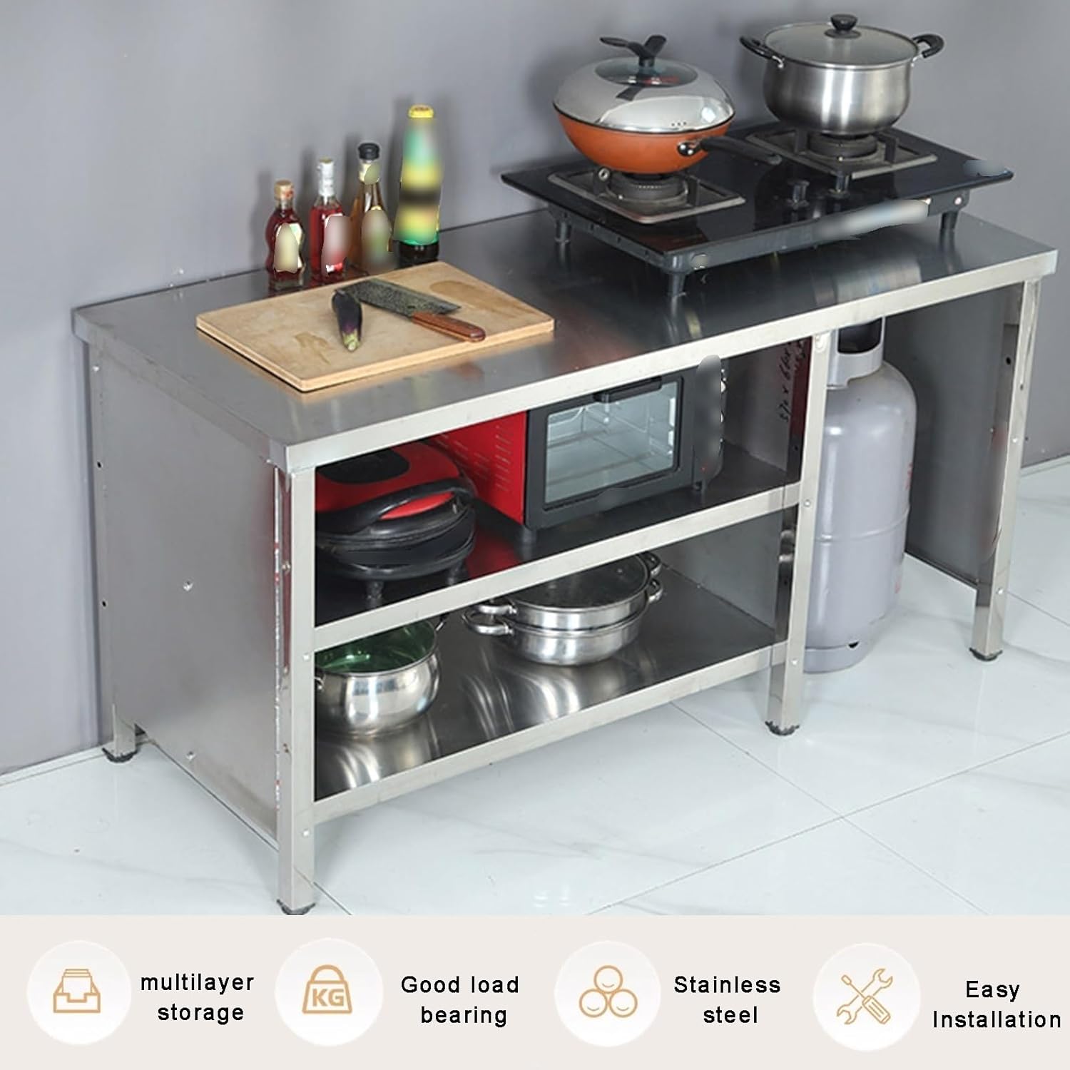 Three-Tier Storage Workbench Commercial Stainless Steel Kitchen Work Table Adjustable Feet Three-Sided Enclosed Design Thickened Stainles Steels Reinforced Uprights