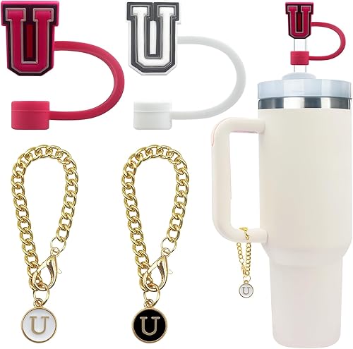 Vista 8 de Velaco 4 PCS Initial Letter Charm Accessories and Straw Cover Pack- Chains with Initial Letter for Stanley 20 30 40 oz Tumbler with Handle
