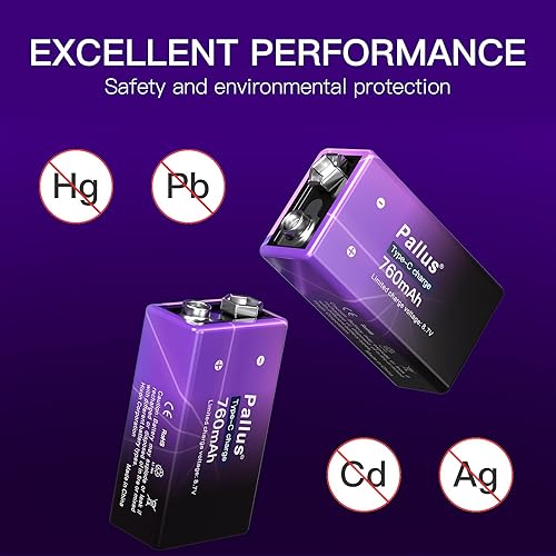 Miniatura 2 de Baterías recargables de 9 voltios de iones de litio de 9 V y 760 mAh, baterías de iones de litio de 2 unidades USB de 9 V con cable de carga tipo C