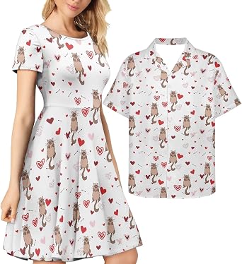 AmzPrint Matching Outfits for Couples,Funny Valentine Matching Outfits for Husband and Wife,Pink Heart Print Dress for Women