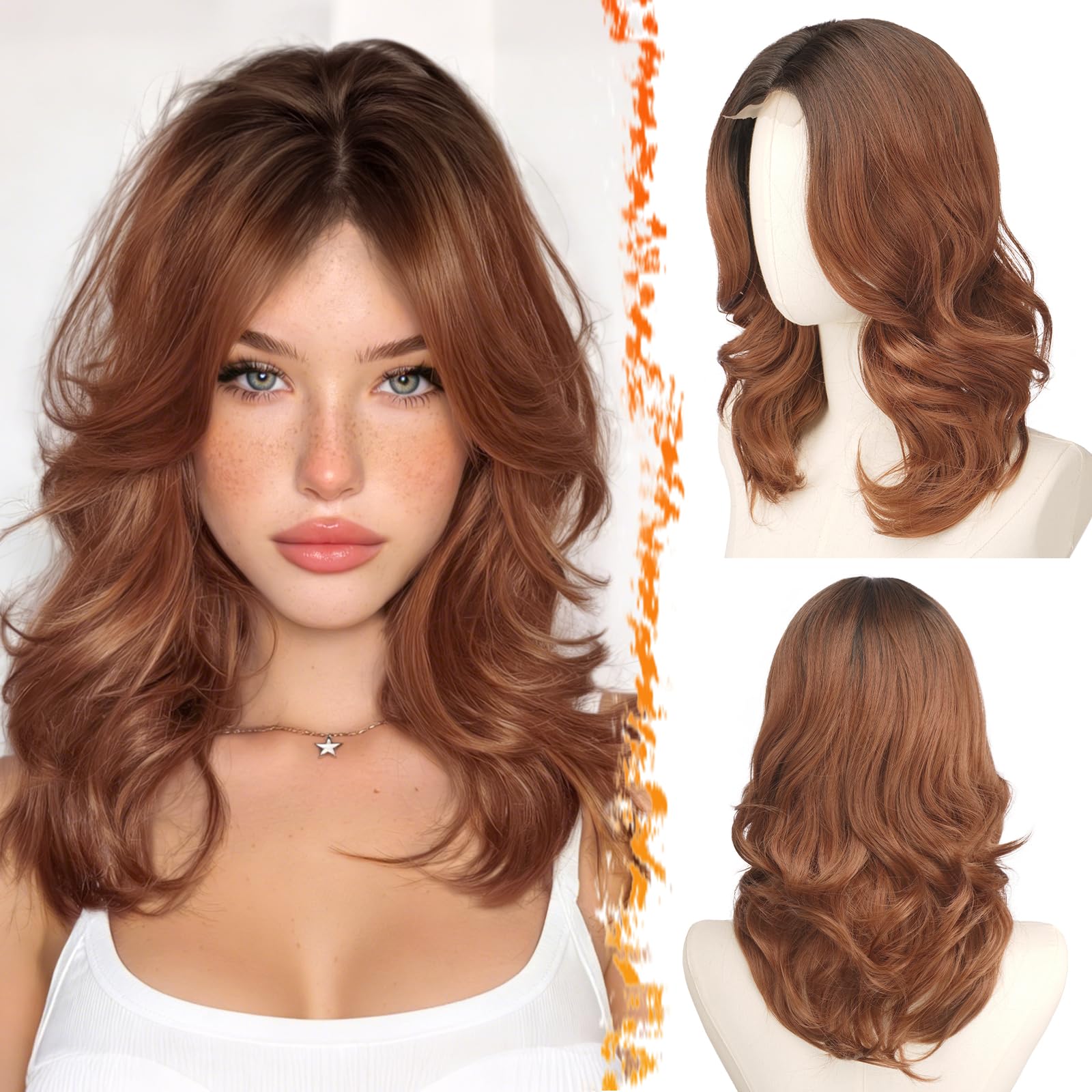 BARSDAR Short Wavy Brown Ombre Layered Wig - Shoulder Length Wavy Brown Wigs for Women - Short Loose Wave Textured Layered Wig with Face-Framing Curtain Bangs Soft Synthetic Natural Looking Daily — view 15
