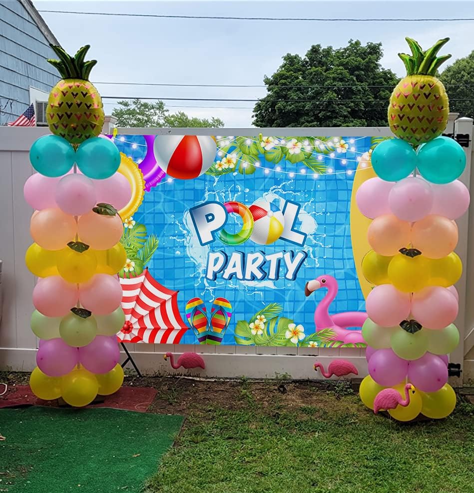 Miniatura 5 de Telón de fondo para fiesta en la piscina, 8 x 6 pies, anillo de natación, tabla de surf, palmera tropical, flor, flamenco, fotografía, fondo, baby