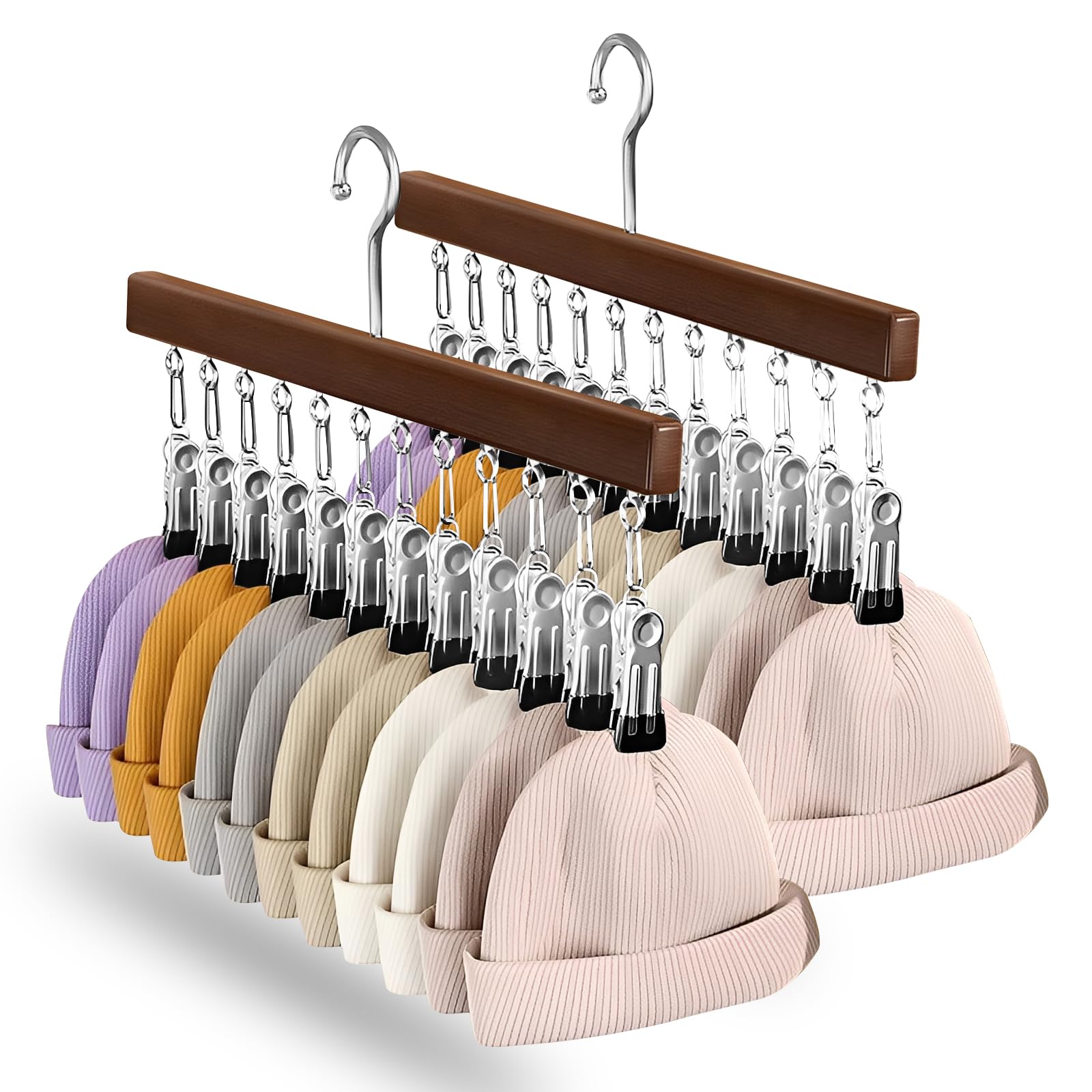 2 PCS Hat Rack, Baseball Cap Holder Hats Storage Organizer Wooden Hat Hanger with 12 Rubber-Coated Stainless Steel Clip for Closet Scarves Trousers Towels Clothes Ties